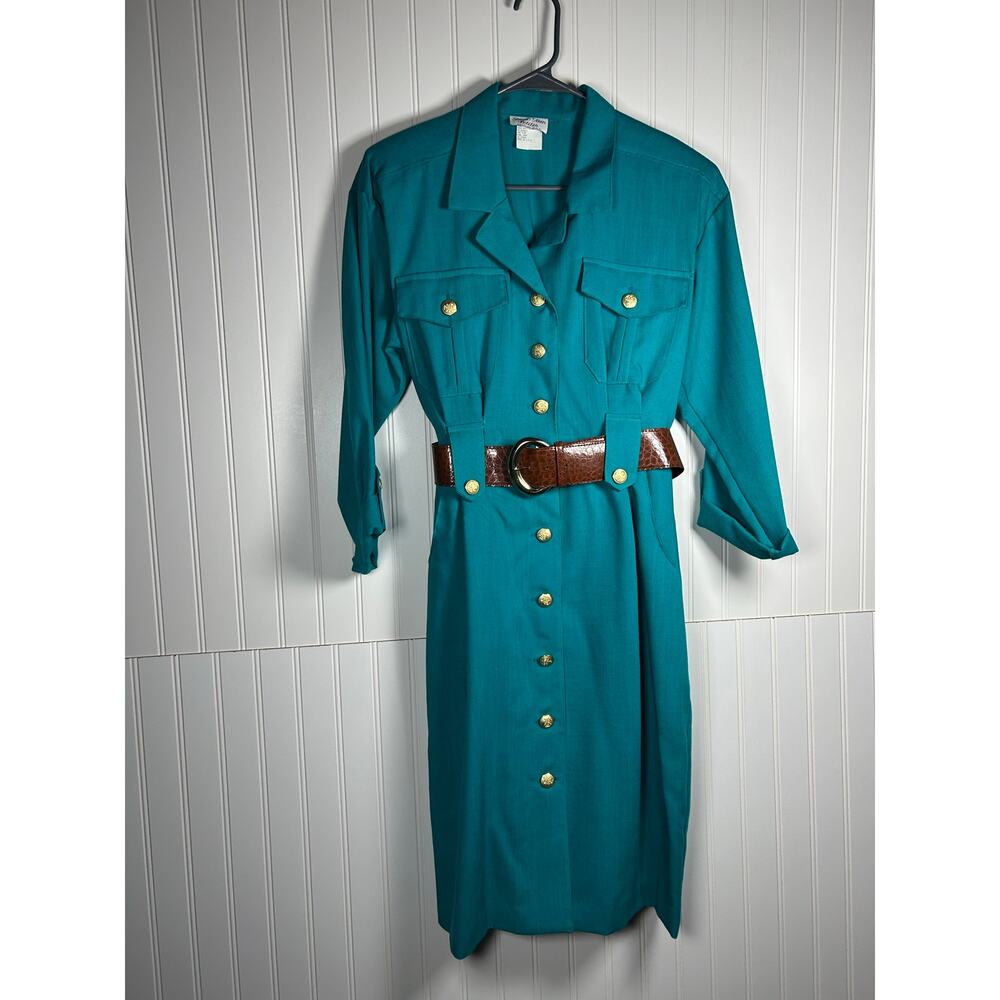 Vintage 1980’s Stuart Alan Petites Sz 8 Turquoise Button Down Belted midi Dress